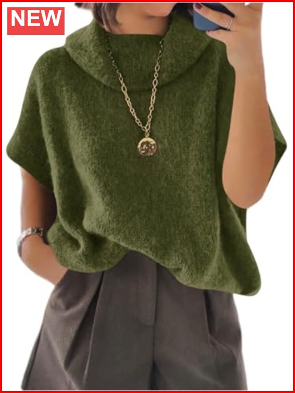 Oversized Turtleneck Sweater Short Sleeve Chunky Knit Pullover
